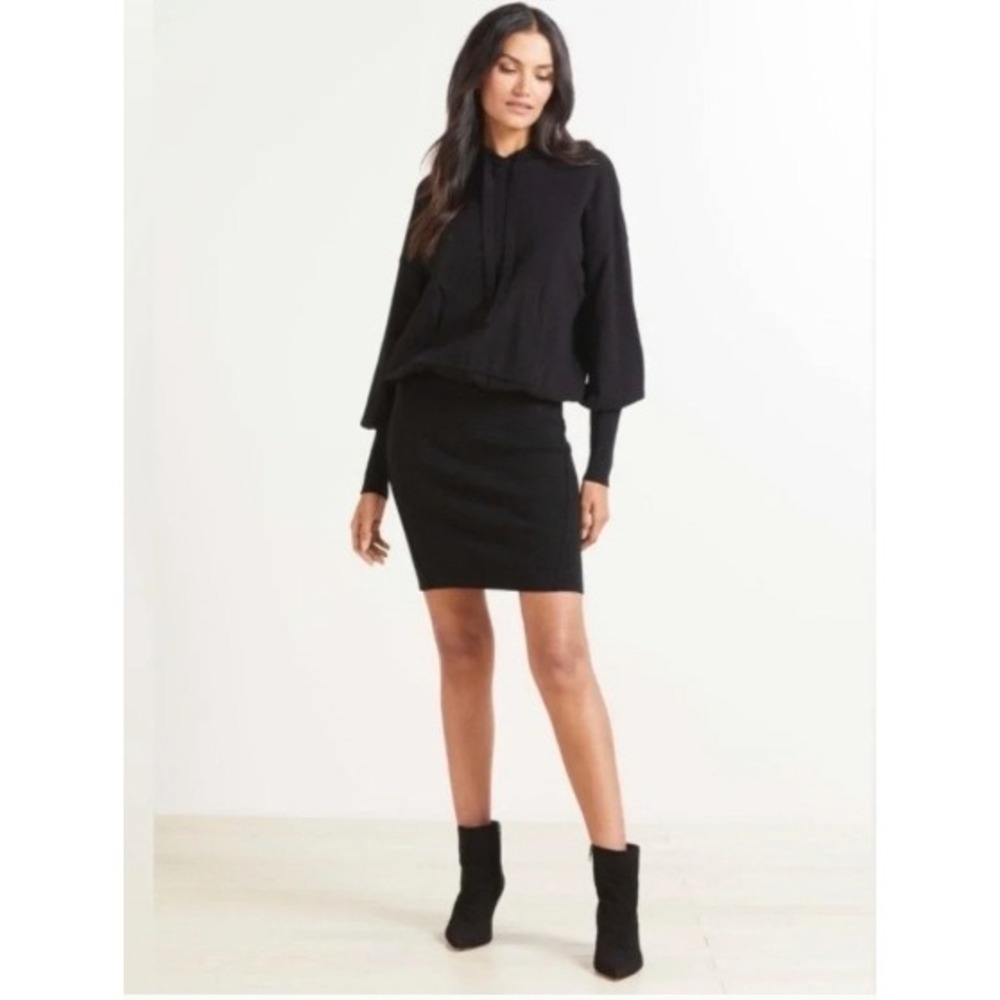 Evereve Black Knit Hoodie Midi Dress Small Long Sleeve Blouson Kangaroo Pocket
